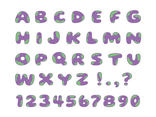 Alphabet Chart. Complete bubbly alphabet and numbers set with a purple and green camouflagestyle texture and dark outline. EPS Editable