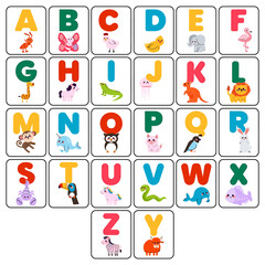 Alphabet Chart. Complete English alphabet flashcard set with colorful cute cartoon animal illustrations for kids. EPS Editable