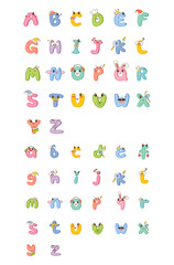 Alphabet Chart. Cute cartoon alphabet characters a complete set of uppercase and lowercase letters with funny faces and accessories. EPS Editable