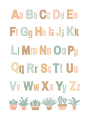 Alphabet Chart. Educational alphabet poster with pastel letters and minimalist succulent plant illustrations. EPS Editable