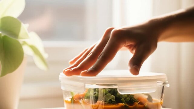 Person Closing a Glass Food Container with Healthy Meal Prep
