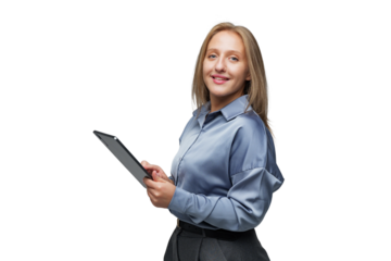 Smiling professional woman with tablet, transparent background.