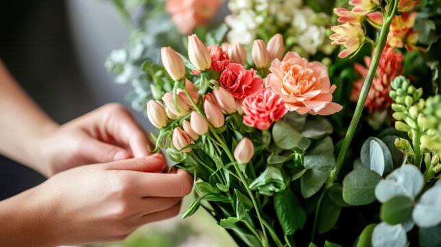 Hands arranging a colorful flower bouquet