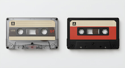 Obraz premium Two vintage audio cassette tapes with red labels side by side on a white background, showing retro analog music media.