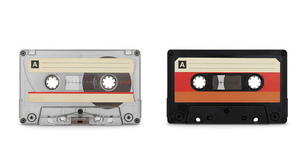 Obraz premium Two vintage audio cassette tapes with red labels side by side on a white background, showing retro analog music media.