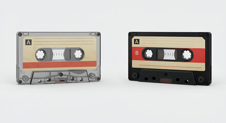 Fototapeta premium Two vintage audio cassette tapes with red labels side by side on a white background, showing retro analog music media.