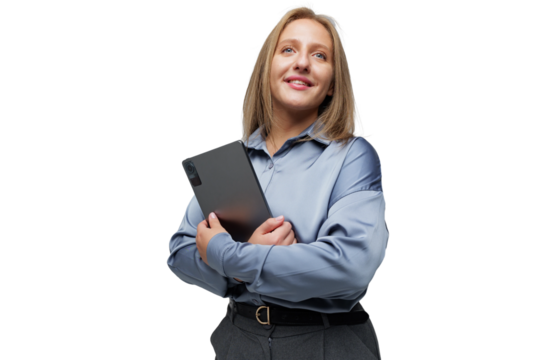 Confident young woman holding a tablet, transparent background.