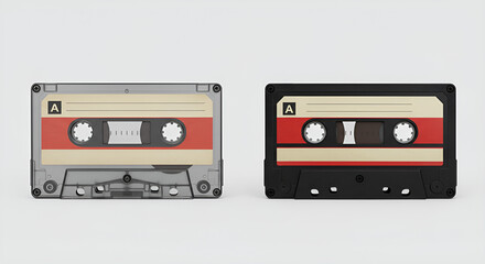 Fototapeta premium Two vintage audio cassette tapes with red labels side by side on a white background, showing retro analog music media.