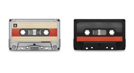 Obraz premium Two vintage audio cassette tapes with red labels side by side on a white background, showing retro analog music media.
