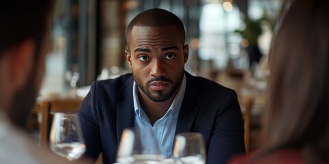 Man sitting at a restaurant table, contemplating business matters with colleagues.