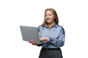 Engaging woman works on laptop with a smile, transparent background.
