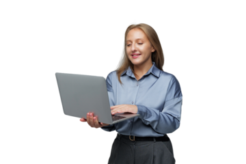 Engaging woman works on laptop with a smile, transparent background.