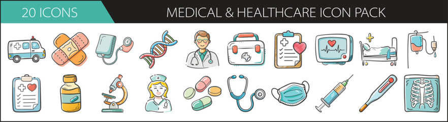 20 Medical and Healthcare Icons Hand-Drawn Style - A compact set of 20 hand-drawn medical and healthcare icons, including doctors, equipment, pills, masks, and documents.
 