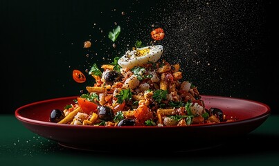 Close-up of bacalhau a bras, portuguese cuisine on smooth red plate at aperture 1.4