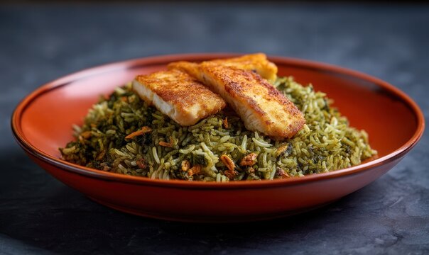 Serving of sabzi polo ba mahi, a traditional Persian dish with herbed rice and fried white fish