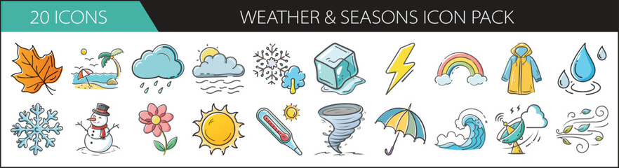 20 Weather and Seasonal Icons for Forecast Design - Colorful icon pack featuring 20 weather and season-themed illustrations including sun, rain, snow, wind, clouds, and temperature symbols.