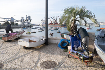 Small fishing boats and a palm tree on the Lisbon waterfront overlooking the Tagus River.