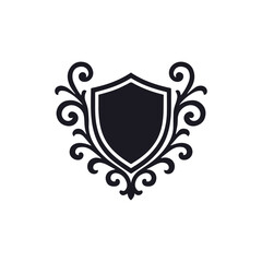 Fototapeta premium Blank shield with ornate carvings on both sides vector logo, isolated on white background, generative ai