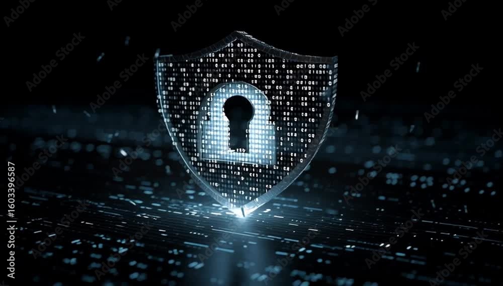 Poster a shield with an open lock icon in the center, surrounded by binary code and digital data particles 
