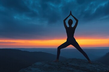 Silhouette of a woman practicing yoga Warrior II pose on a mountain top at sunset, with dramatic clouds and colorful sky