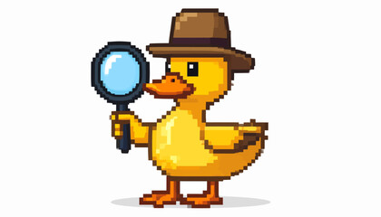 Fototapeta premium Pixel art illustration of a cute yellow duck character dressed as a detective with a brown fedora hat, holding a magnifying glass to solve a mystery case. Retro 8-bit gaming style vector graphic.