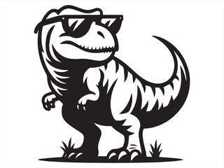 Obraz premium Cool Cartoon T-Rex Dinosaur Wearing Sunglasses Standing on Grass 