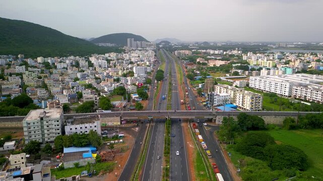 Aerial view of National Highway 16 major highway connects Kolkata and Chennai cities in India passes through Mangalagiri town in India.