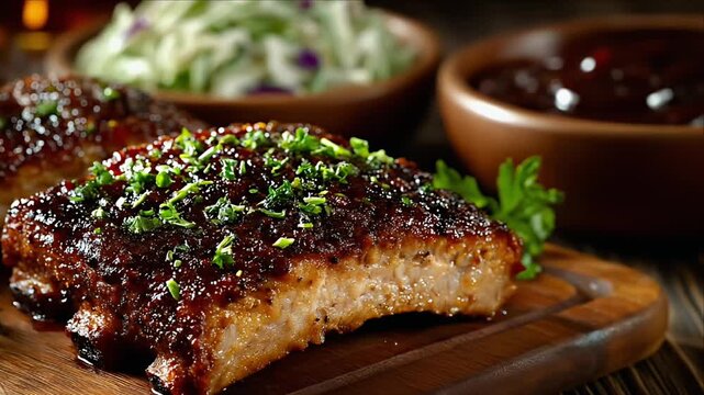 Delicious grilled meat with glaze, served on a wood board with sides
