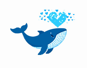 Obraz premium A cartoon blue whale exhales a cloud of heart-shaped bubbles, expressing love.