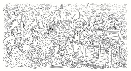 Drawing to paint pirate coloring page for kids and adults with treasure chest ship and pirates for creative coloring time vector