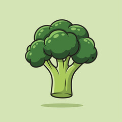 Cartoon illustration of a vibrant green broccoli floret with a light green stalk against a pale green background.