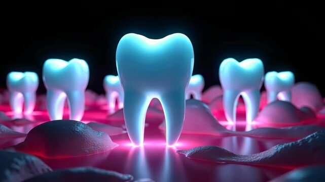 dental, dental hygiene, oral health. Tooth illumination. Enamel glows under blue light. Gum health promotes tooth stability. Fluoride treatment strengthens enamel integrity.
