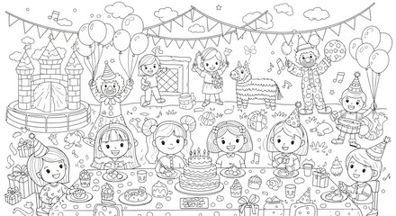 Drawing to paint coloring page of a birthday party with cake, balloons, clown, piñata and happy children for kids activity vector