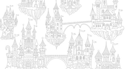 Drawing to paint fantasy castle coloring page for adults and kids detailed line art illustration of magical kingdoms and towers vector