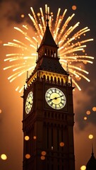 Happy New Year Countdown Celebration with Fireworks Over City Skyline at Midnight