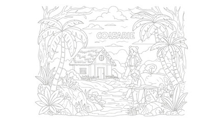 Fototapeta premium Drawing to paint downloadable coloring page of a tropical jungle scene with hut and people for creative fun activity vector