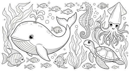 Drawing to paint ocean life coloring page with whale turtle seahorse squid and fish for kids and adults relaxation activity vector