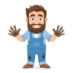 Obraz premium A farmer joyfully displaying his muddy hands.