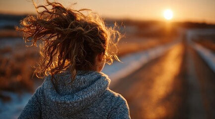 Rear view of a female athlete running on a country road at sunset in winter, enjoying the golden hour light