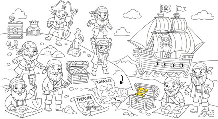 Drawing to paint pirate themed coloring page for kids with treasure map ship and pirates for creative coloring activity vector