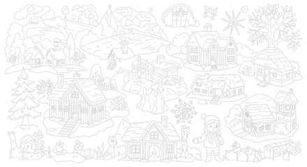 Drawing to paint winter village coloring page for kids and adults christmas holiday scene with houses and snow landscape art drawing vector