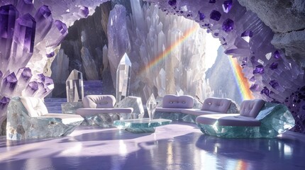 Enchanting Crystal Cave Interior with Amethyst Accents and Rainbow Light, a Fantasy Scene