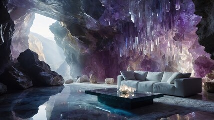 Spectacular Crystal Cave Interior with Modern Furniture and Reflective Pool, a Serene Escape