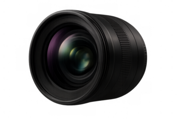 Professional camera lens highlighting precision-crafted optical glass elements and textured focus ring against clean transparent backdrop