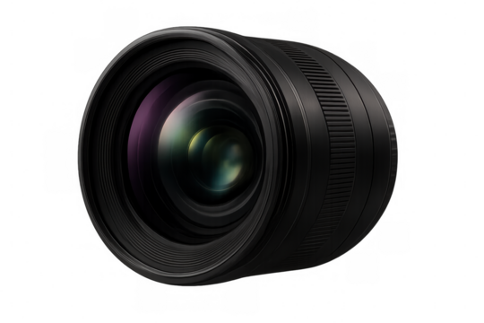 Professional camera lens highlighting precision-crafted optical glass elements and textured focus ring against clean transparent backdrop