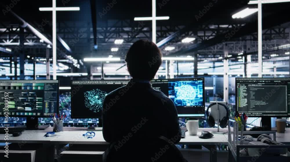 Poster data center engineer using computer to monitor neural network ai llm visualization. it professional 