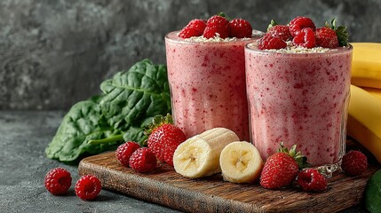 Two glasses of healthy berry smoothie with fresh fruit.