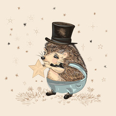 Cute hedgehog in hat holding star, vintage style vector illustration