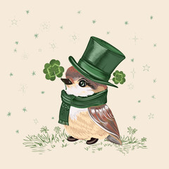 Illustration of vector hand drawn sparrow bird in vintage style with green hat and scarf holding clover. St Patricks day