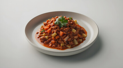 A rustic serving of Goulash, featuring tender meat, carrots, and potatoes in a rich, savory sauce, garnished with fresh parsley. Served on a clean white plate.